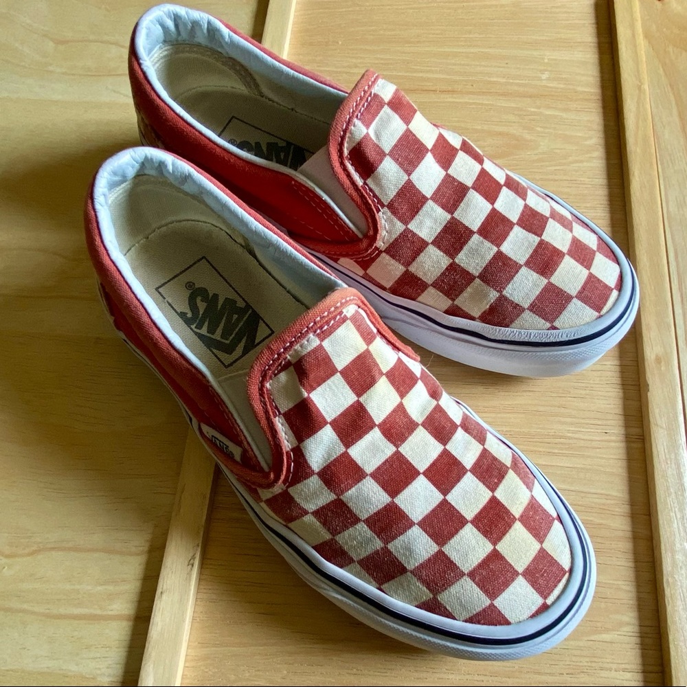 Vans Classic Slip-On red/white checkerboard, minimal wear, clean tread womens 5